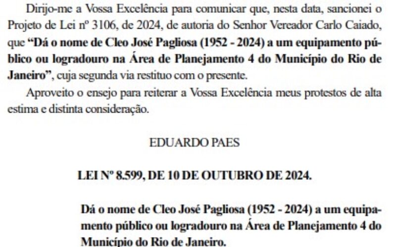 Lei Municipal Homenageia Cleo José Pagliosa em Equipamento Público na AP 4 do Rio de Janeiro